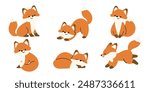 Cute Fox Autumn Season animal set vector. Collection of orange foxes, wolf, dog in different pose, sitting, sleeping, jumping, running. Adorable fox characters illustration for decoration, clipart.