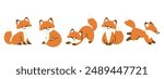 Cute Fox Autumn Season animal set vector. Collection of orange foxes, wolf, dog in different pose, sitting, sleeping, jumping, running. Adorable fox characters illustration for decoration, clipart.