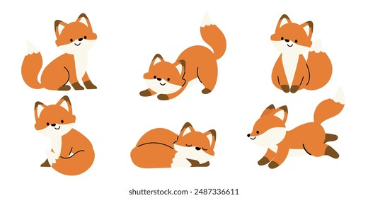 Cute Fox Autumn Season animal set vector. Collection of orange foxes, wolf, dog in different pose, sitting, sleeping, jumping, running. Adorable fox characters illustration for decoration, clipart.