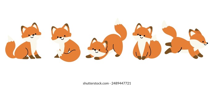 Cute Fox Autumn Season animal set vector. Collection of orange foxes, wolf, dog in different pose, sitting, sleeping, jumping, running. Adorable fox characters illustration for decoration, clipart.