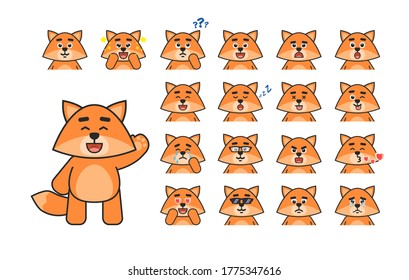 Cute fox avatar, emoticons showing various emotions. Chibi fox laughing, surprised, angry, crying, sad, sleeping and showing other expressions. Vector illustration bundle