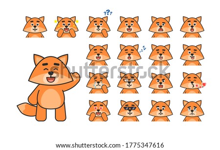 Cute fox avatar, emoticons showing various emotions. Chibi fox laughing, surprised, angry, crying, sad, sleeping and showing other expressions. Vector illustration bundle