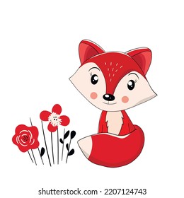 Cute fox baby isolated. Funny chanterelle animals. Card, postcards for kids. Little pup smiling. Flat vector illustration for banner, card, wallpaper, poster.