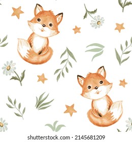 Cute fox baby seamless pattern. Animal floral and stars background, watercolor effect. Vector illustration