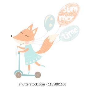 Cute fox with backpack print. Summer time slogan. Animal ride on scooter in forest. Fashion child vector. Cool scandinavian illustration for t-shirt, kids apparel, invitation, simple children design