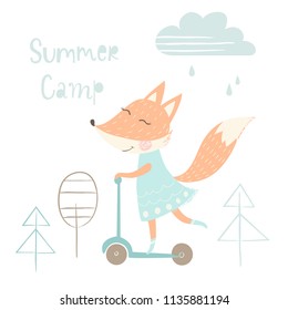 Cute fox with backpack print. Summer camp slogan. Animal ride on scooter in forest. Child vacation, outdoor activity and travel vector. Sport and education time