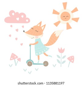 Cute fox with backpack print. Summer time. Animal ride on scooter in forest. Fashion child vector. Cool scandinavian illustration for t-shirt, kids apparel, invitation, simple children design