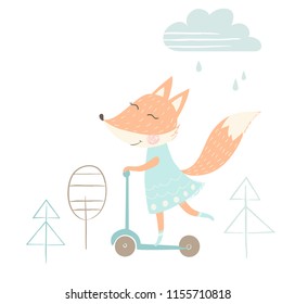 Cute fox with backpack print. Summer time. Animal ride on scooter in forest. Fashion child vector. Cool scandinavian illustration for t-shirt, kids apparel, invitation, simple children design