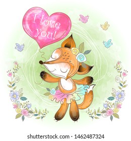 Cute Fox with a balloon in the form of a heart. Valentine. I love you. Vector. Watercolor.
