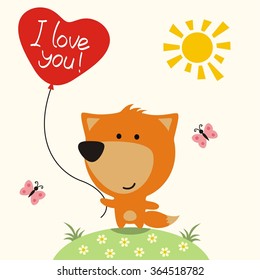 Cute fox with balloon-heart. I love you! Valentine's day card.