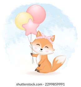 Cute fox and balloons hand drawn cartoon illustration watercolor background