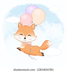 Cute Fuchs und Ballons, handgezeichnet, Cartoon auf Aquarellhintergrund