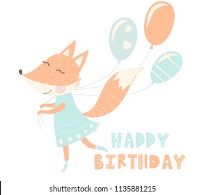 Cute fox with baloons print. Happy birthday slogan. Sweet animal run an smile. Fashion child vector. Cool scandinavian illustration for t-shirt, kids apparel, invitation, simple children design