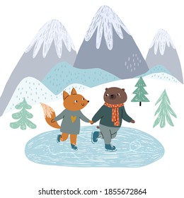 Cute fox and bear friends are skating on the ice, on the rink. Against the background of the mountains. Winter illustration for children in a Scandinavian style.