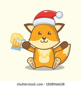 cute fox with beer. christmas vector illustration