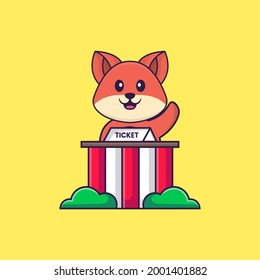 Cute fox is being a ticket keeper. Animal cartoon concept isolated. Can used for t-shirt, greeting card, invitation card or mascot.