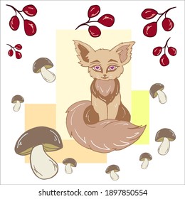 
Ein süßer Fuchs mit großen Ohren. Handgezeichnete Pilze und Beeren. Vektorbild.