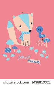 Cute fox with bird sitting in jungle with pink backdrop print graphics for baby apparels