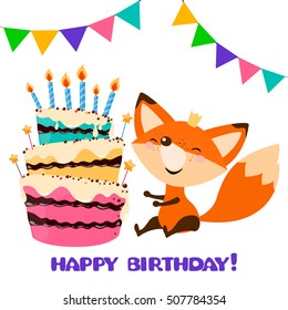 Cute Fox Birthday Cake Happy Birthday Stock Vector (Royalty Free ...