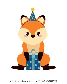 cute fox with birthday hat isolated