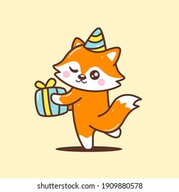 cute fox with birthday present