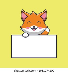 cute fox with blank sign cartoon illustration
