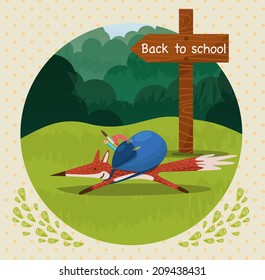 The cute fox with a blue backpack in the forest running to school. Vector illustration. 