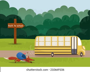 The cute fox with a blue backpack in the forest running to school. Vector illustration. 