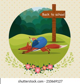 The cute fox with a blue backpack in the forest running to school. Vector illustration. Back to school.