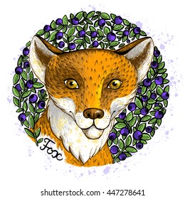 Cute fox in the blueberry bush on white background. Vector hand drawn illustration. 