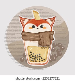 Cute Fox Boba Milktea wearing Scarf for Winter Theme Watercolor Clipart Illustration