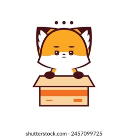 Cute Fox with bored expression in a Box, Pet Logo Concept, vector icon, vector logo, vector sign, hand drawing vector, Designing Hope, Logo for Pet Adoption