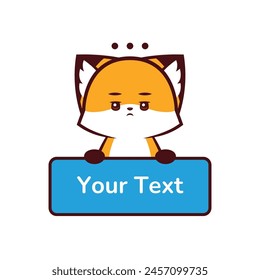 cute fox with bored expression holding a text box, cute fox with boring expression holding label text, vector icon, vector logo, vector sign