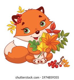 Cute fox with bouquet of autumn leaves.Vector cartoon illustration