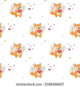 Cute fox with bow tie and hearts. Seamless vector pattern. Cute vector print, children's style