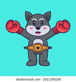 Cute fox in boxer costume with champion belt. Animal cartoon concept isolated. Can used for t-shirt, greeting card, invitation card or mascot.