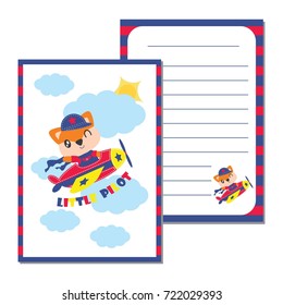 Cute fox boy as little pilot on the sky vector cartoon illustration for kid paper card design, planner paper and stationery paper