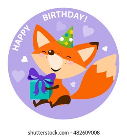 cute fox with bright gift. Happy birthday card design.Vector holiday party template. Greeting postcard image. vector illustration
