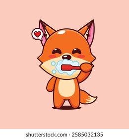 Cute fox brushing teeth cartoon vector illustration. vector cartoon illustration suitable for poster, brochure, web, mascot, sticker, logo and icon.