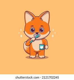Cute Fox brushing teeth while holding mug