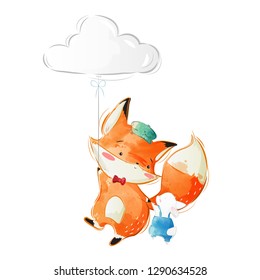 Cute Fox and Bunny Flying with a Cloud Balloon