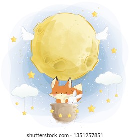 Cute Fox and Bunny Flying with Moon Air Balloon