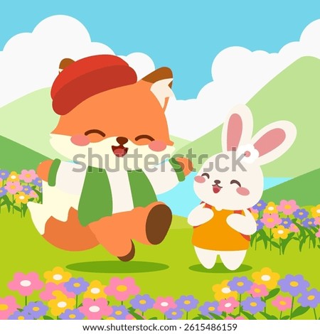 Cute Fox and Bunny Friends in Spring Flower Field. Cartoon Illustration. Happy Fox and Rabbit in Colorful Meadow.