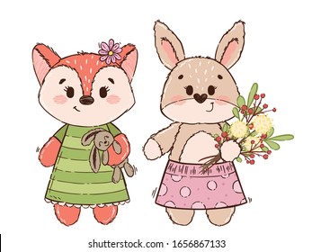 Cute fox and bunny, hare or rabbit in hand drawn style. Little vintage characters for children's books, fairy tales, wallpapers, print, textile, fabric, cotton, poster, children. Vector illustration.