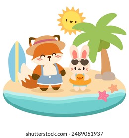 Cute Fox and Bunny on a Sunny Beach Vacation.Cartoon Fox and Rabbit Enjoying Summer by the Sea.Adorable Animal Friends at the Beach.