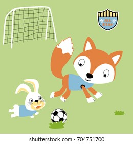 Cute fox with bunny playing soccer, vector cartoon illustration