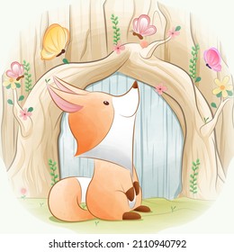 cute fox and a butterfly in an with flowers in watercolor style
