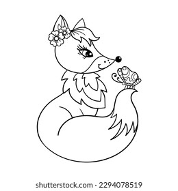 A cute fox with a butterfly on its tail. Black and white linear drawing. Children's illustration. For the design of coloring books, cards, stickers, puzzles, games and so on. Vector illustration