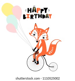 Cute fox by bicycle. Birthday greeting cards. Vector illustration