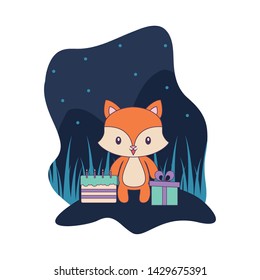 cute fox with cake of birthday and gift box